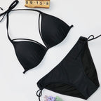 Solid Black Halter Triangle Bikini Set