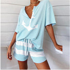 2021 Women's V-Neck Anchor Print Top and Shorts Set