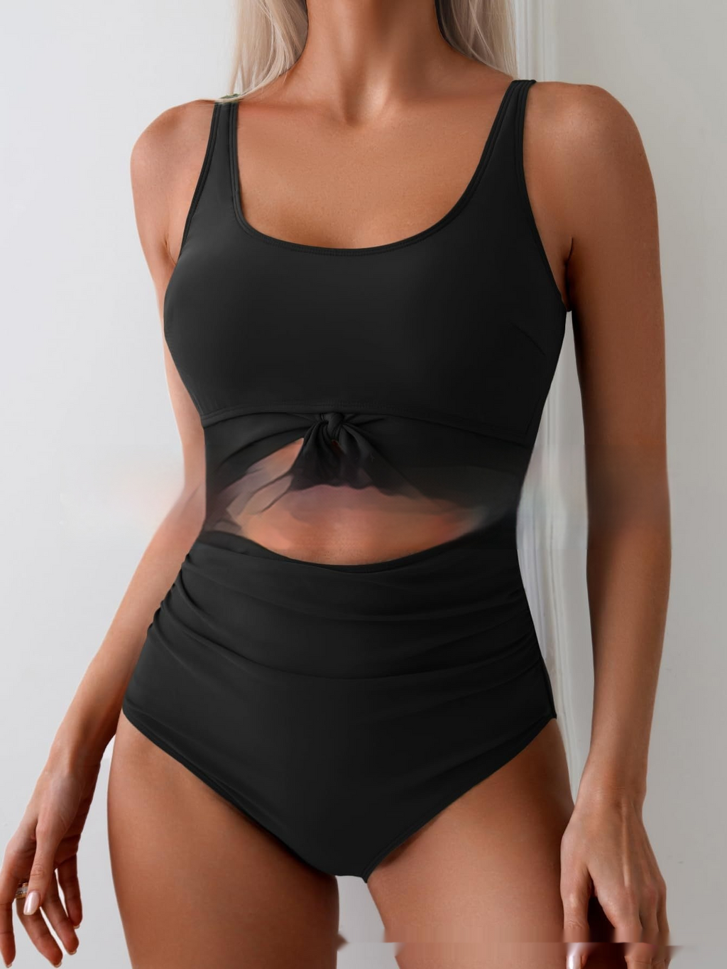 Color-Block Knot-Front Cutout One-Piece Swimsuit