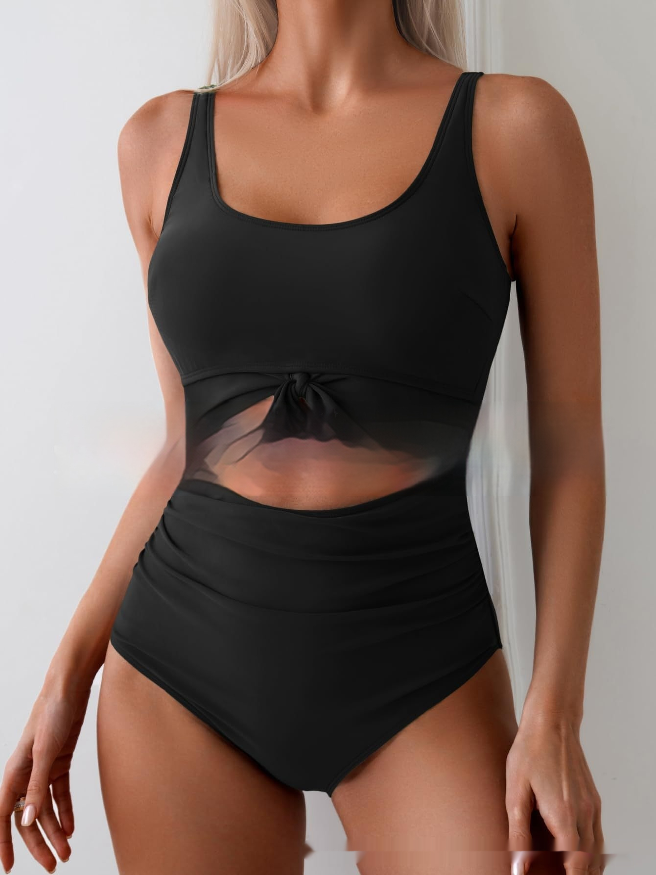 Color-Block Knot-Front Cutout One-Piece Swimsuit