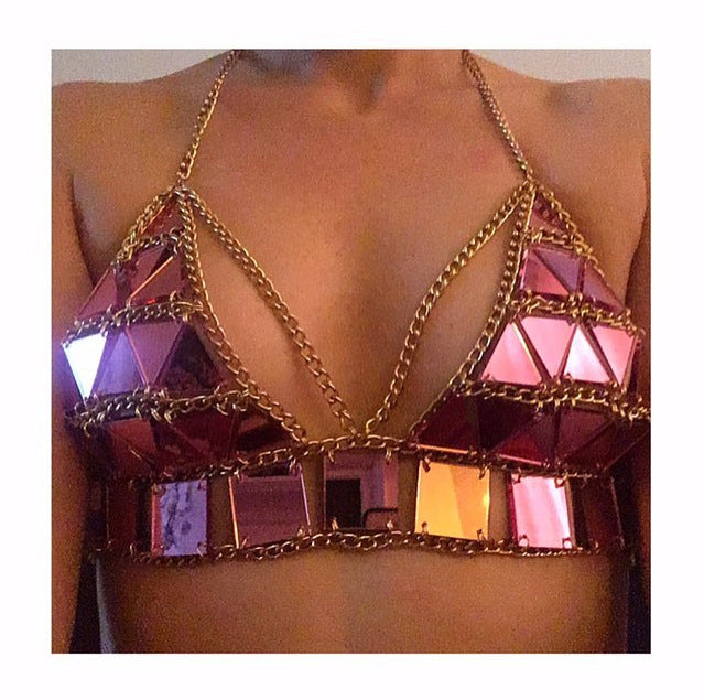 Mirrored Sequin Body Chain Festival Bikini Top