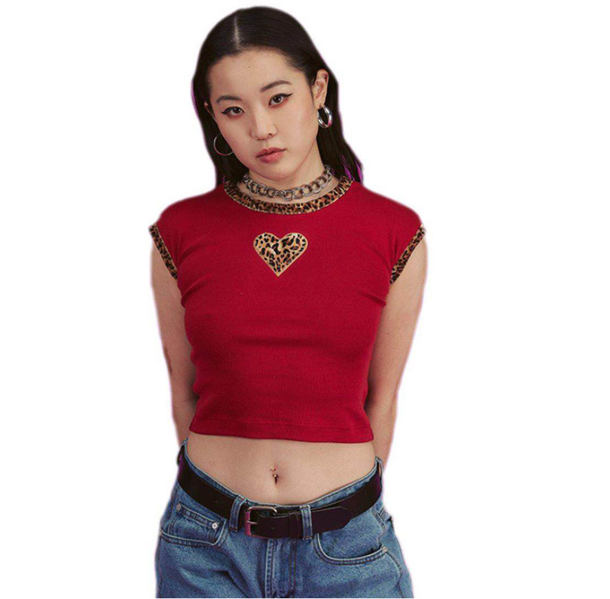 Leopard Print Heart Crop Top Sleeveless T-Shirt