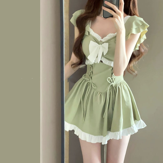 Women's Sage Green Bow-Front Ruffle Mini Dress