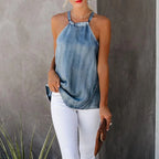 Women's Denim Tank Top with Open Back Design