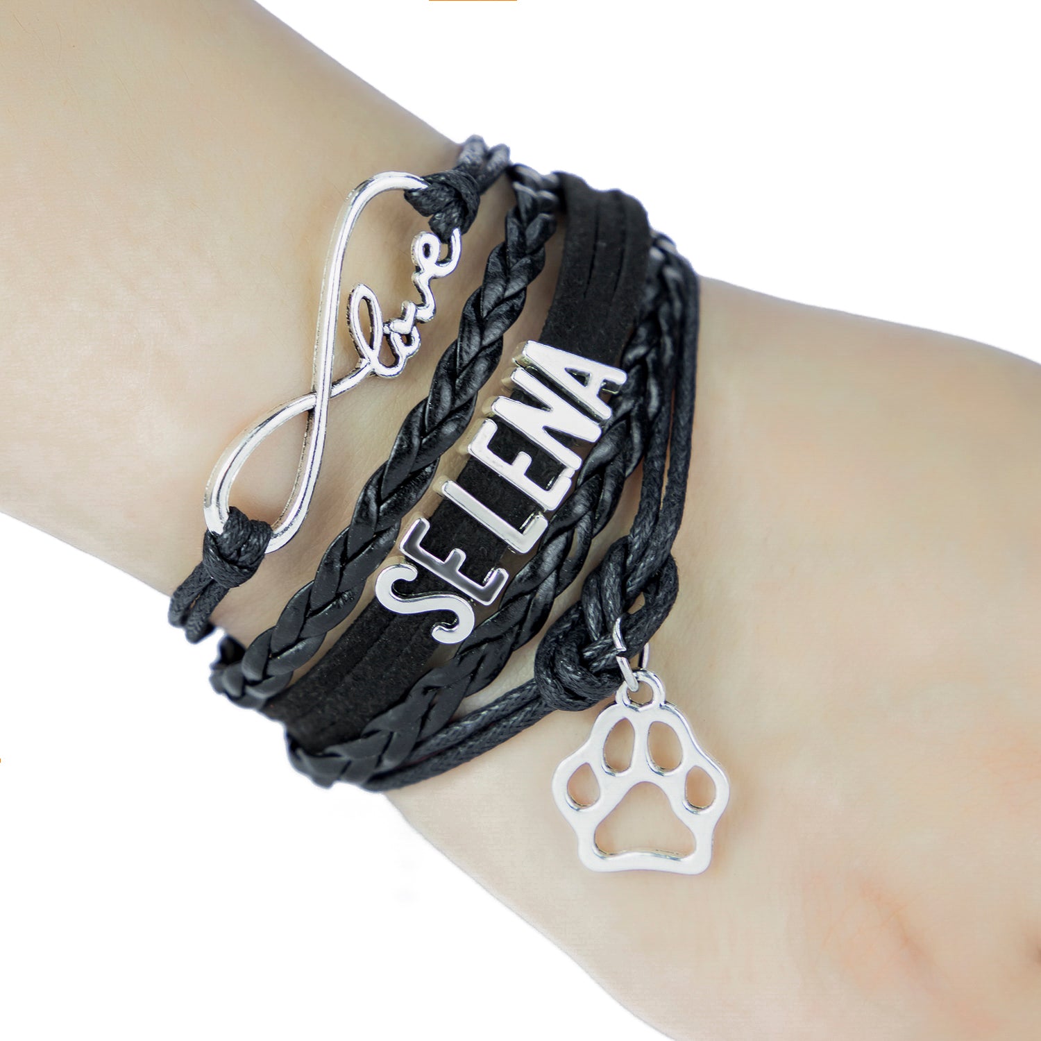 Woven Bracelet with Cat Paw Charm and Letter Beads