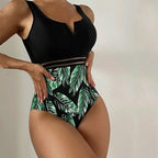 Plus Size Tropical Leaf Print One-Piece Swimsuit