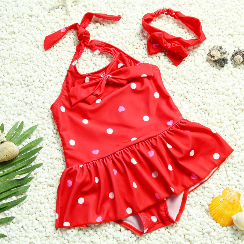 Girls' Polka Dot Skirted One-Piece Swimsuit with Headband