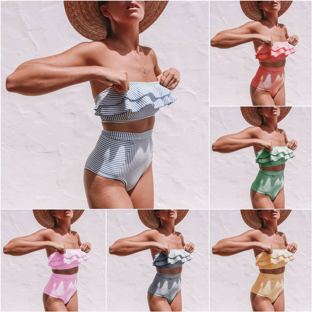 Women's Striped Ruffle High-Waist Bikini Set
