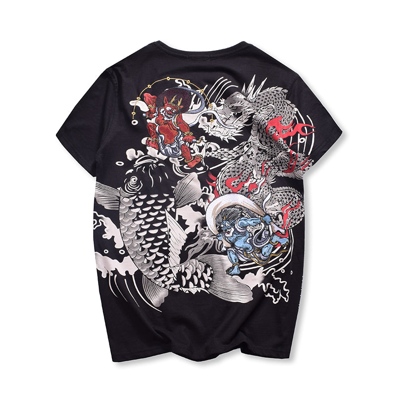 Embroidered Thunder God and Koi Short Sleeve Shirts | Streetwear
