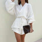 2023 Women's Long Sleeve Robe & Shorts Sleep Set