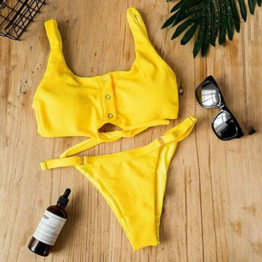 Ribbed Button-Front Tank Bikini Set