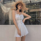 White Skirted Lace-Up One-Piece Swim Dress