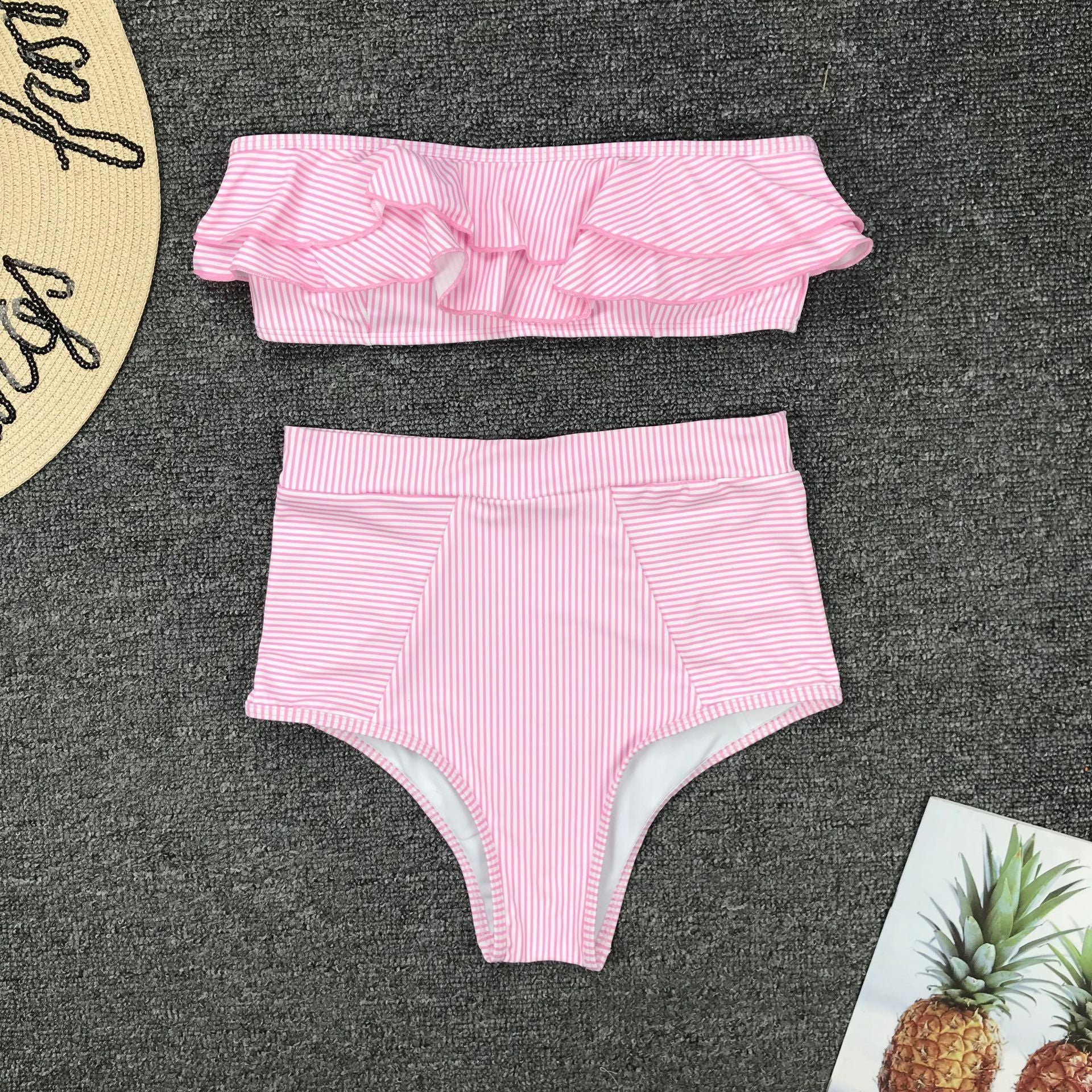 Women's Striped Ruffle High-Waist Bikini Set