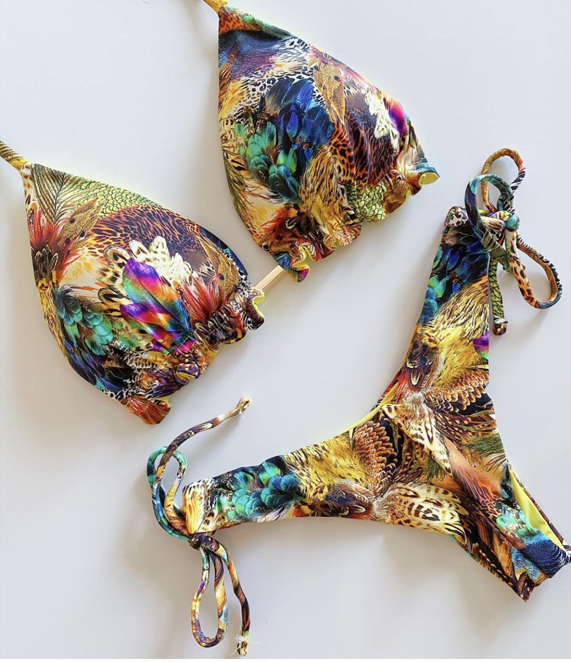Feather Print Push-Up Tassel Bikini Set
