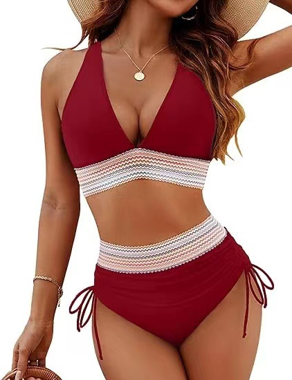 Women's High-Waist Halter Bikini Set with Zigzag Trim