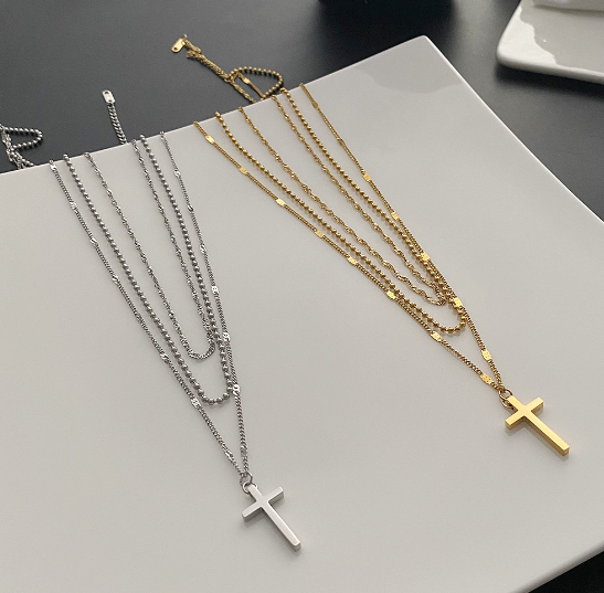 Fashionable Double Layer Gold Cross Necklace with Pendant | Christian Jewelry