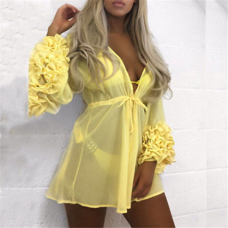 Sheer Chiffon Ruffle-Sleeve Beach Cover-Up Dress