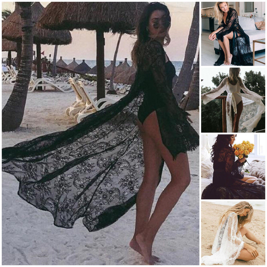 Black Lace Long Kimono Beach Cover-Up