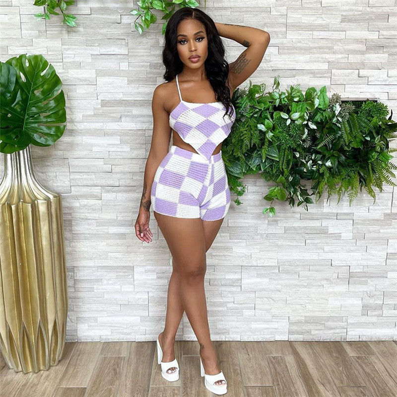 2023 Summer Women's Sexy Hollow Knit Set with Shorts