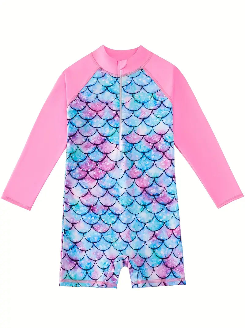 Girls Mermaid Scale Long-Sleeve Rash Guard Swimsuit