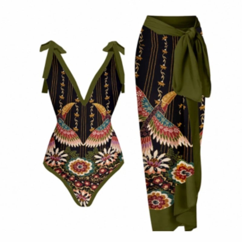 Women's Boho Bird Floral One-Piece Swimsuit with Cover-Up Skirt