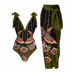 Women's Boho Bird Floral One-Piece Swimsuit with Cover-Up Skirt
