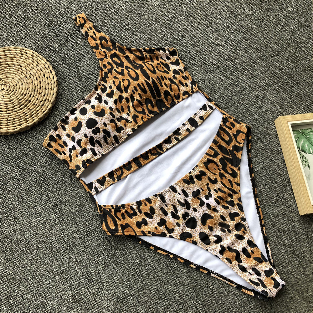 One-Shoulder Leopard Colorblock Bikini Set