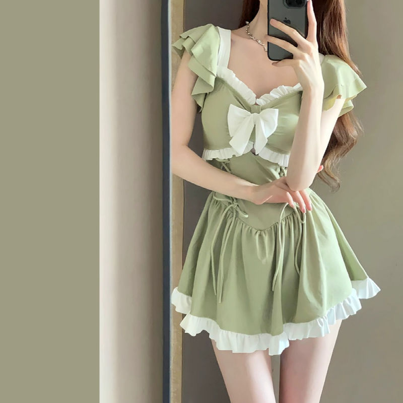 Women's Sage Green Bow-Front Ruffle Mini Dress