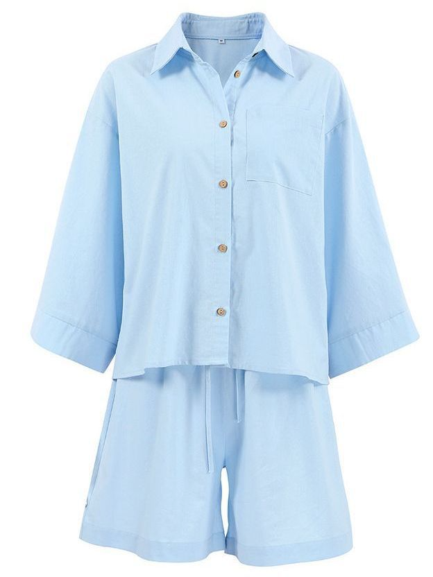 Women's Fashion Casual Loose-fitting Solid Color Long Sleeves Shorts Suit