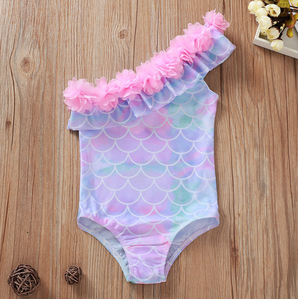 Girls' Mermaid Scale One-Shoulder Swimsuit with Floral Trim