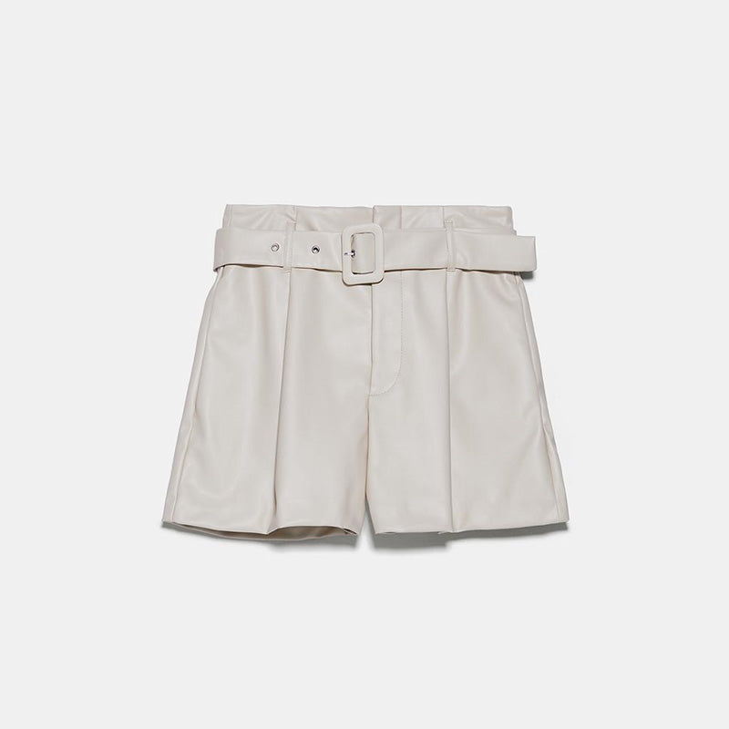 High-Waisted PU Leather Shorts with Tie Belt for Women