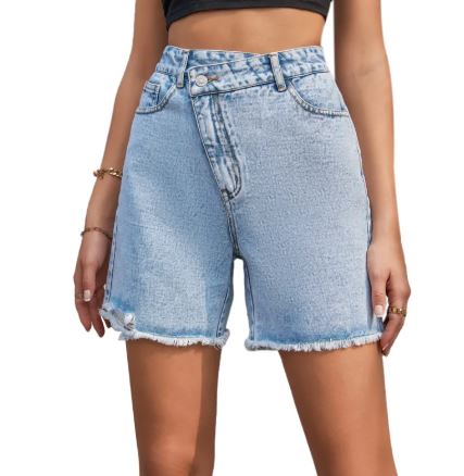 High Waist Loose Fit Raw Edge Denim Shorts for Women