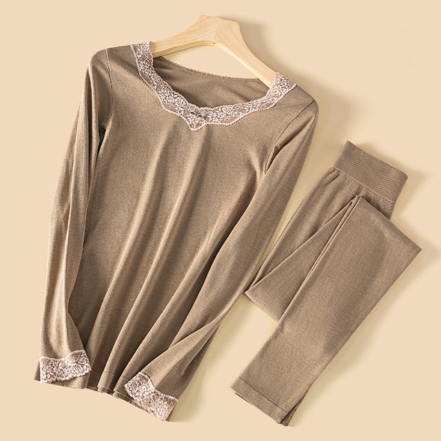 Wool Thermal Underwear Set for Women - Long Sleeve Lace