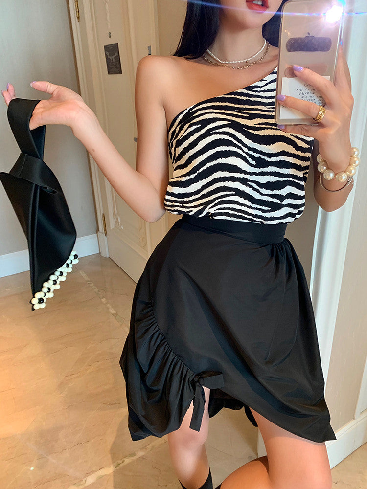 Zebra Print Women's One-Shoulder Tank Top