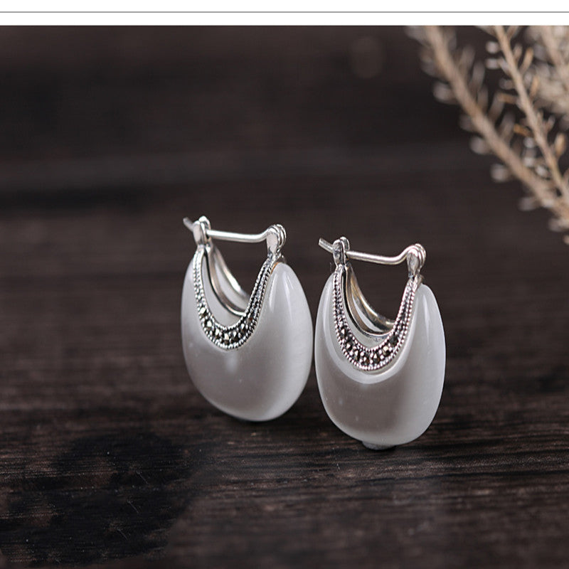 Silver Vintage Cat Eye Stone Earrings (Genuine)