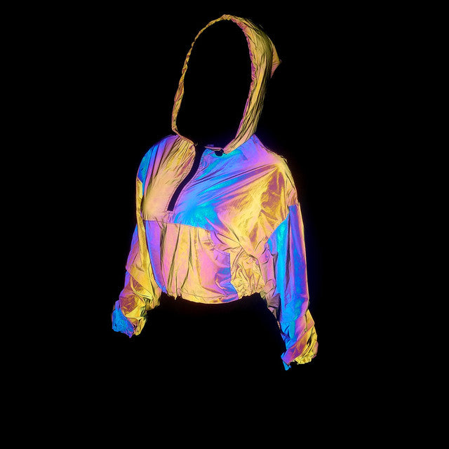 2024 Women's Colorful Reflective Hooded Jacket Crop Top