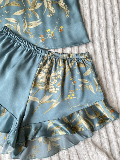 Women's Faux Silk Pajama Set - Two-Piece Printed Sleepwear