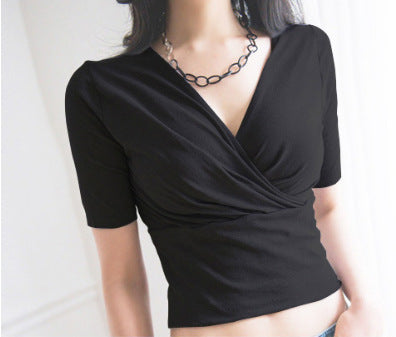 V-Neck Crop Top T-Shirt with Short Sleeves