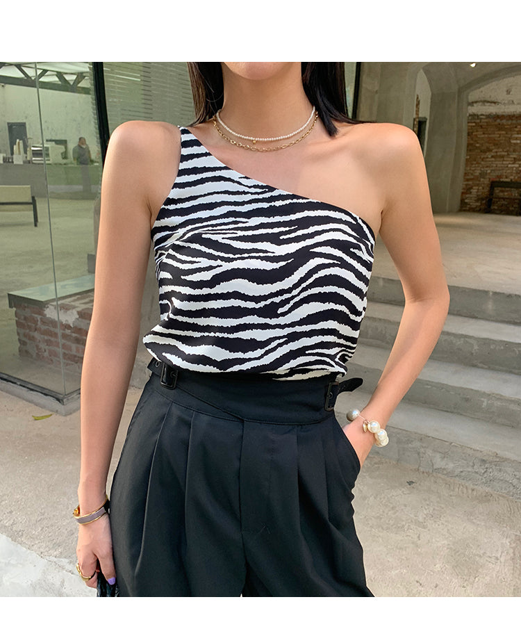 Zebra Print Women's One-Shoulder Tank Top