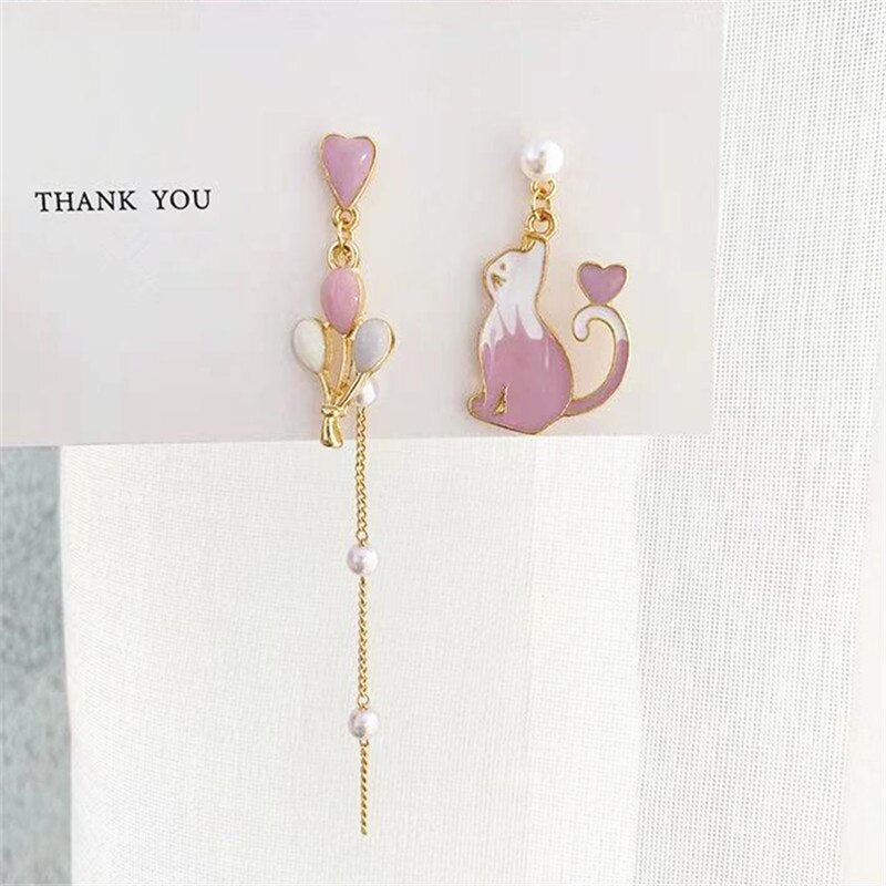 Korean Silver Cat Balloon Asymmetric Earrings
