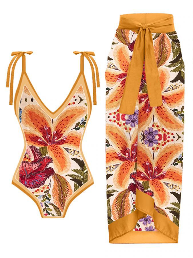 Floral One-Piece Swimsuit with Sarong