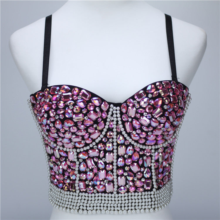 Beaded Crop Top with Rhinestone Straps