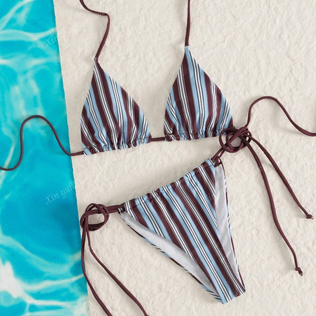 Women's Blue Striped Tie-Dye Bikini Set