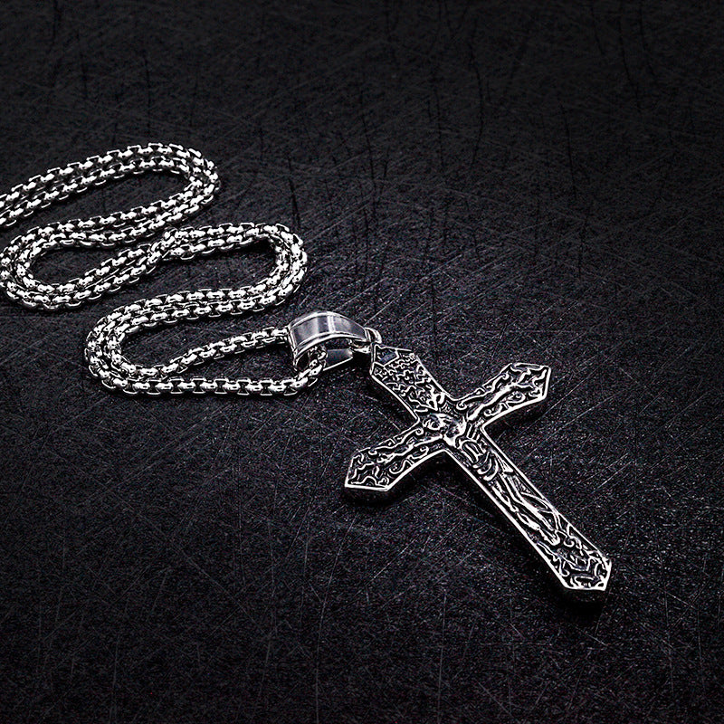 Jesus Cross Pendant Necklace for Men - Titanium Steel Christian Jewelry