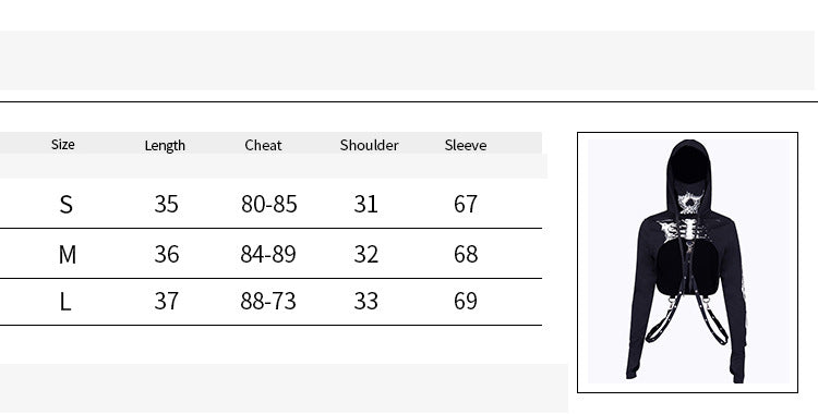2022 Black Women's Punk Hooded Skull Crop Top Sweatshirt | Streetwear