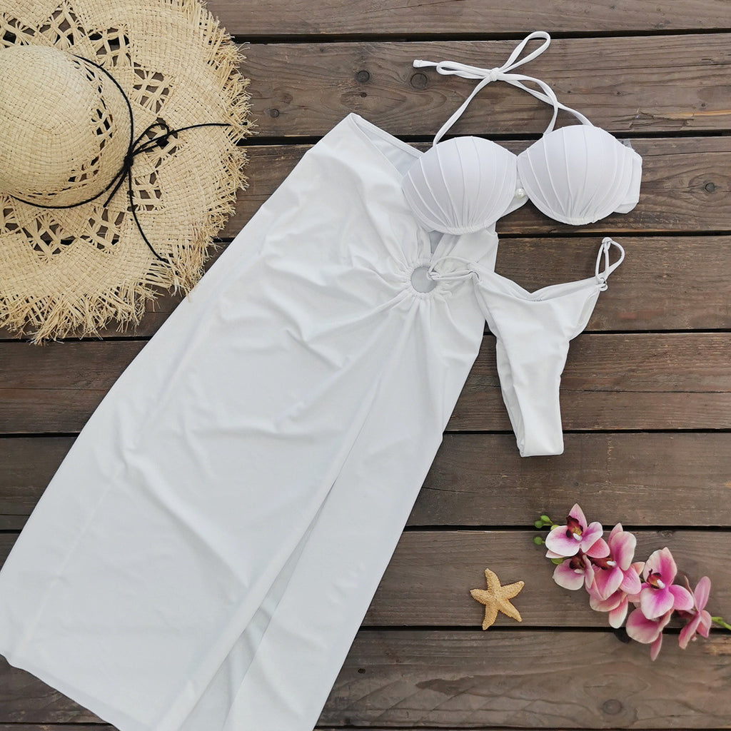 White Shell-Cup Bikini Set with Cover-Up
