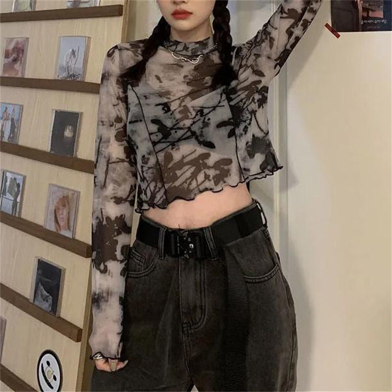 Korean Y2K Women's Tie-Dye Mesh Long Sleeve Crop Top