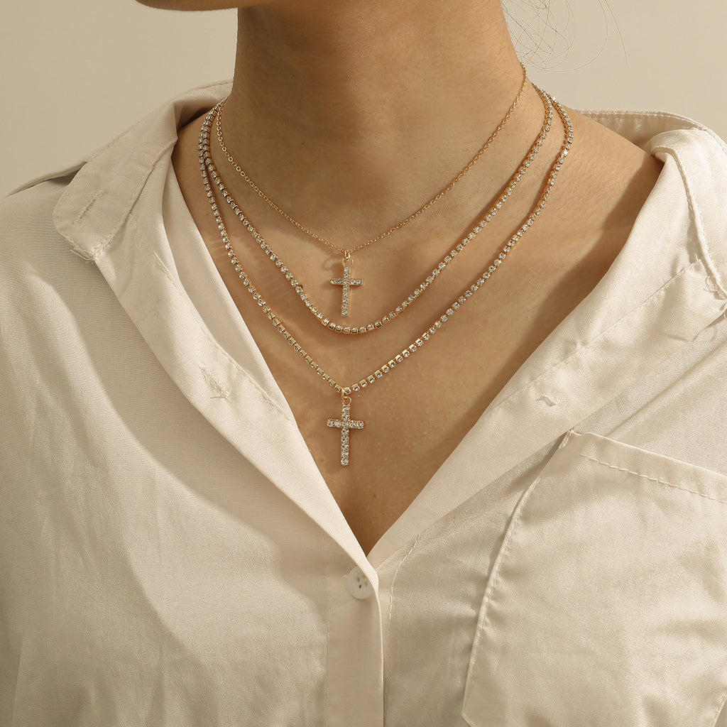 Creative Cross Necklace with Glass Rhinestones Layers