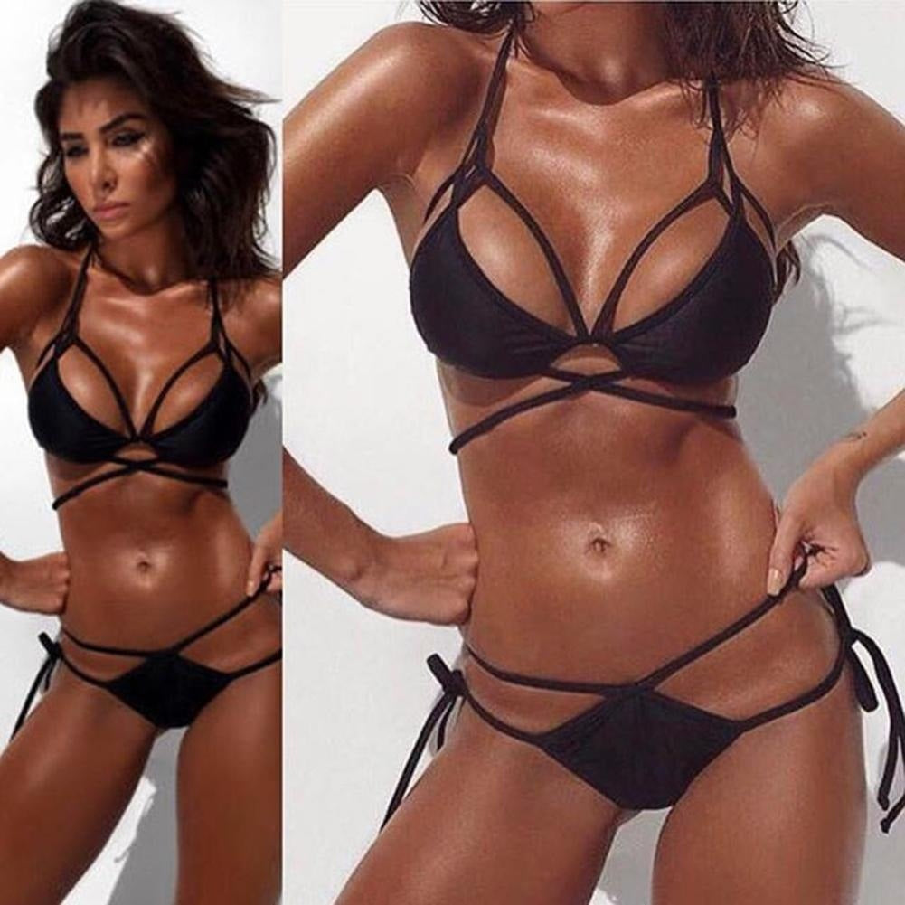 Pink Strappy Lace-Up Triangle Bikini Set