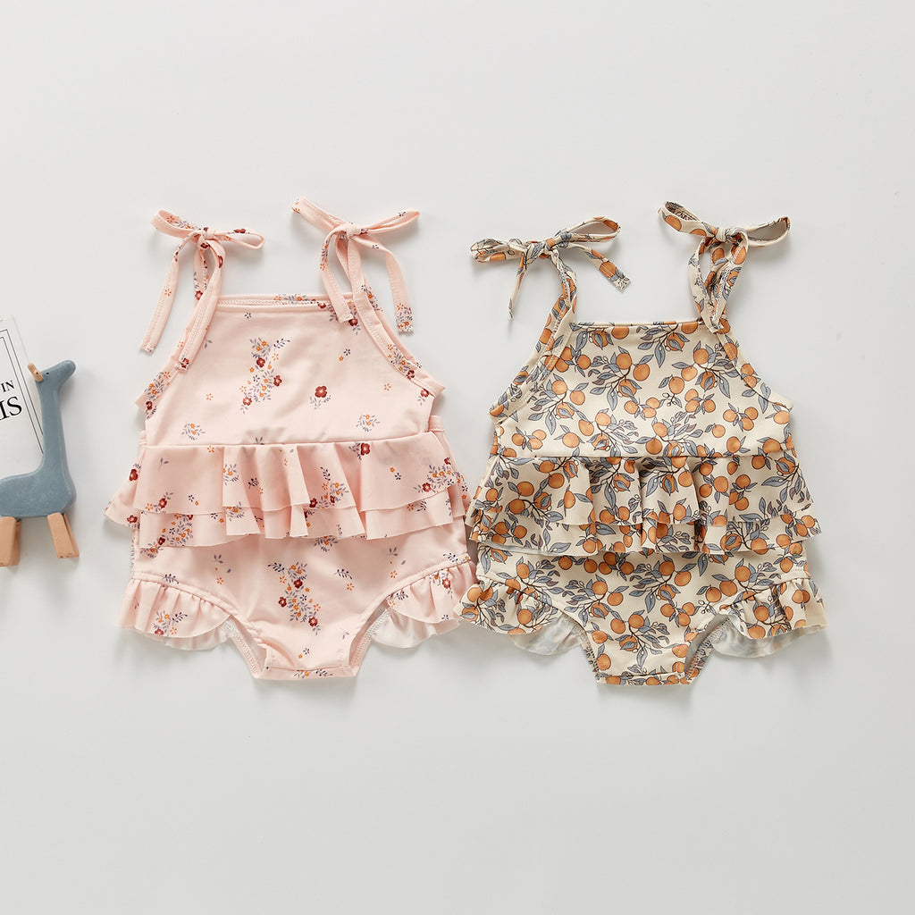 Baby Girl Orange Fruit Print Long Sleeve Ruffle Swimsuit